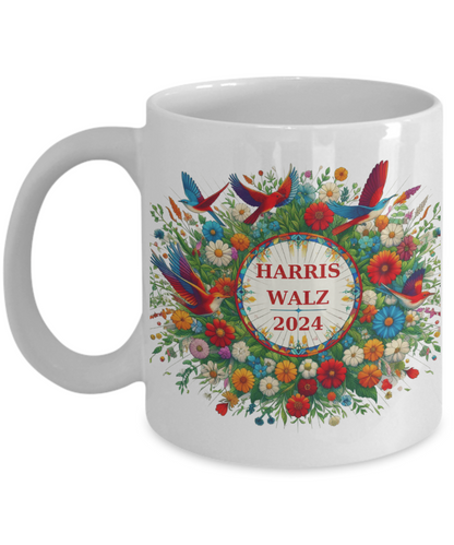 Harris Walz 2024 Flowers Birds Colorful Mugs 4 options