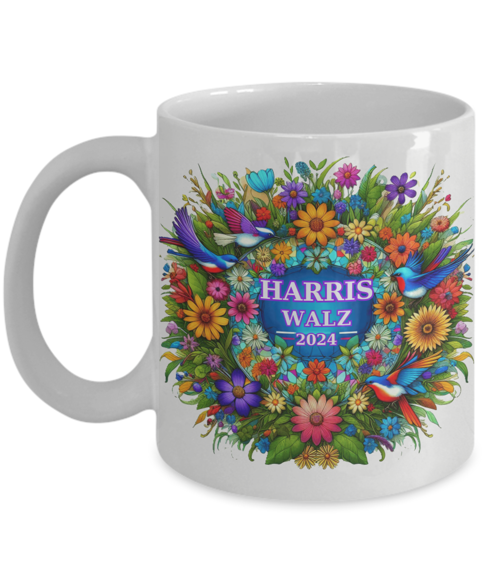 Harris Walz 2024 Colorful Purple Green Gold Wreath  Mugs: 2 Colors, 2 Sizes for 4 Options