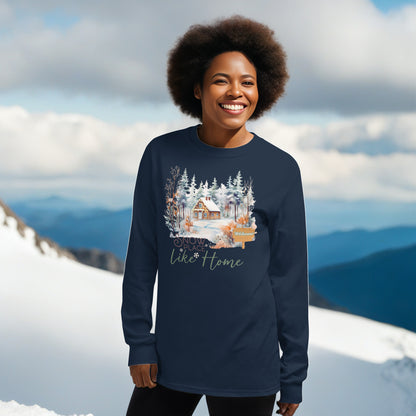 Snow Place Like Home Country Cabin in Snowy Woods Men's Unisex Long Sleeve Shirt