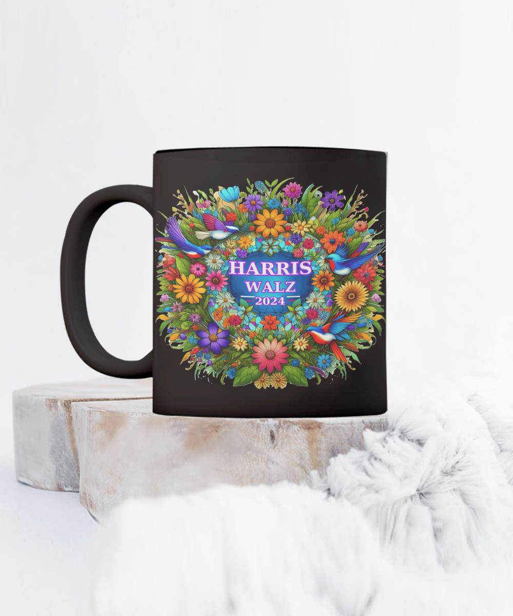 Harris Walz 2024 Colorful Purple Green Gold Wreath  Mugs: 2 Colors, 2 Sizes for 4 Options