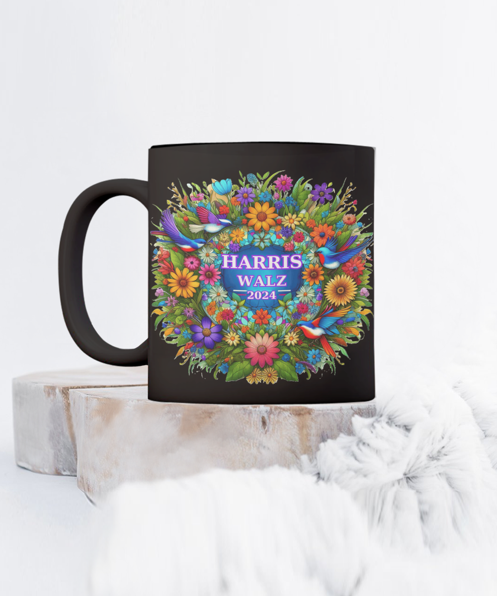 Harris Walz 2024 Colorful Purple Green Gold Wreath  Mugs: 2 Colors, 2 Sizes for 4 Options