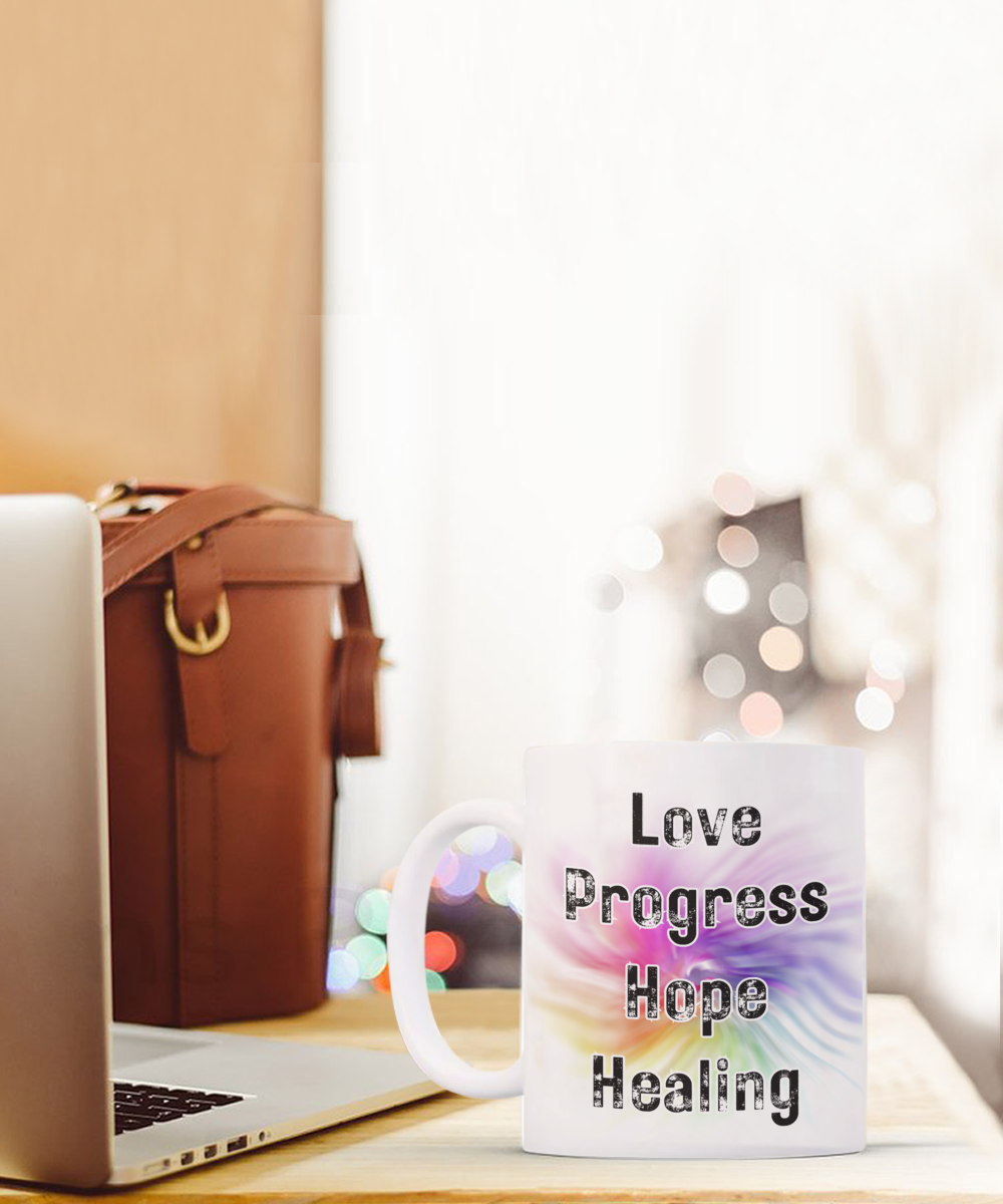 Colorful Words Love Progress Hope Healing Positive Words 15oz White Ceramic Mug