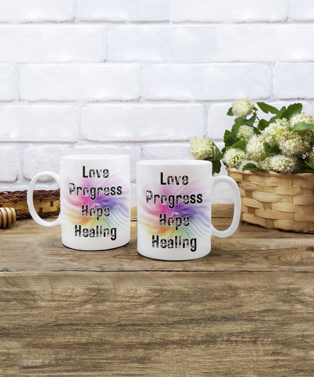 Colorful Words Love Progress Hope Healing Positive Words 15oz White Ceramic Mug