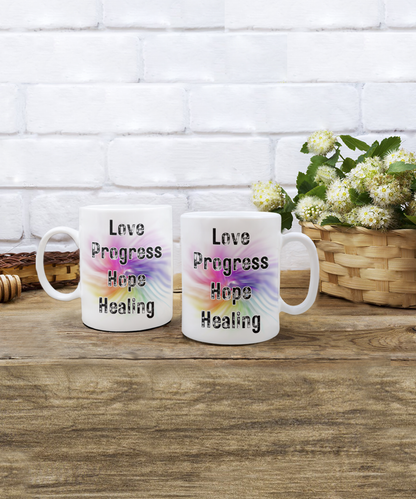 Colorful Words Love Progress Hope Healing Positive Words 15oz White Ceramic Mug