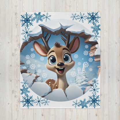 Cute and Colorful!  Bright Eyed Reindeer with Snowflakes 50" x 60" Christmas Throw Blanket