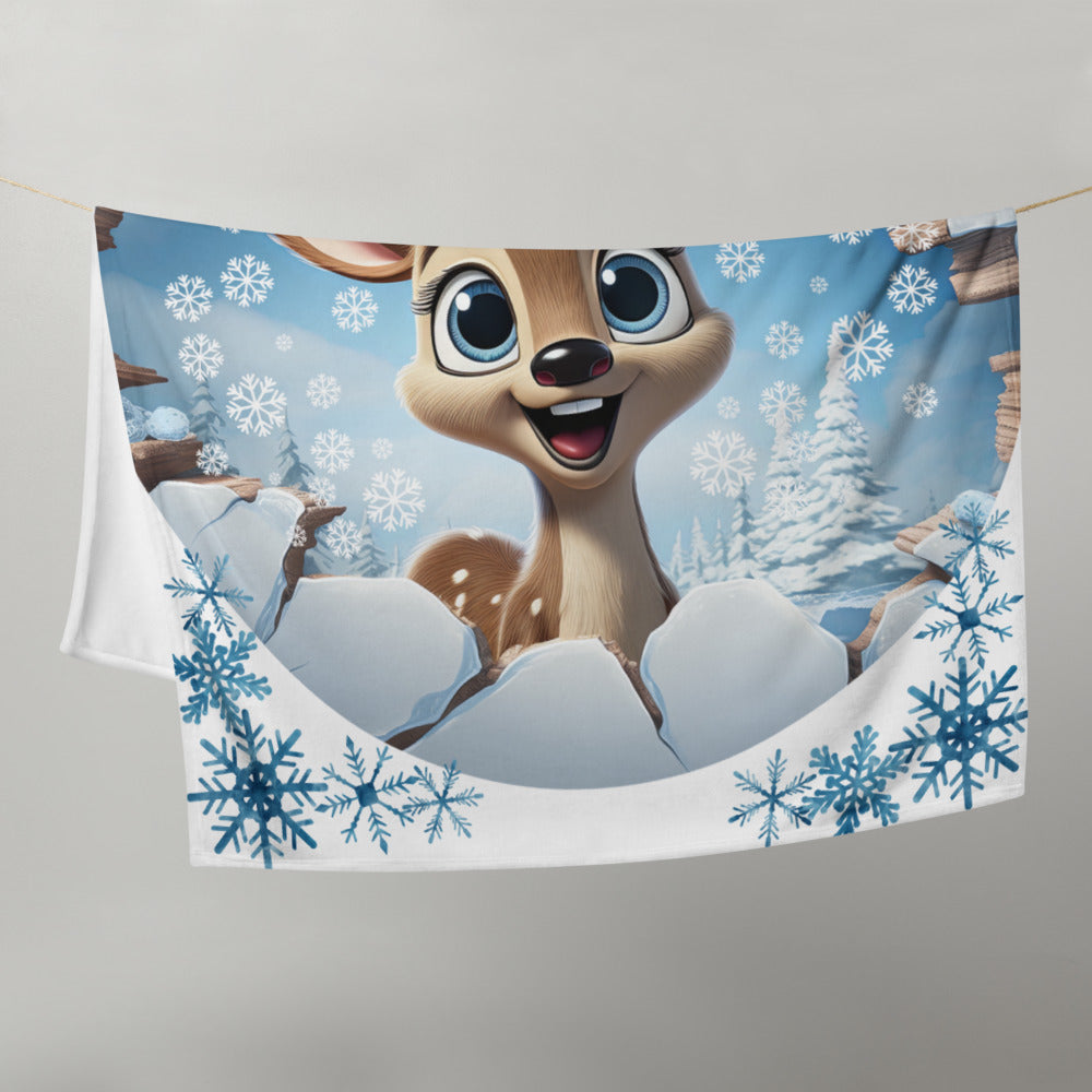 Cute and Colorful!  Bright Eyed Reindeer with Snowflakes 50" x 60" Christmas Throw Blanket