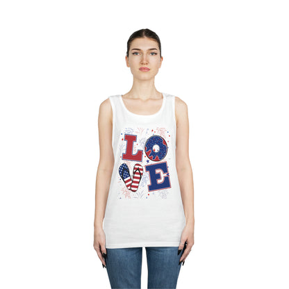 Love in Patriotic Letters with Fireworks Design by MII for Summer Activities Unisex Heavy Cotton Tank Top