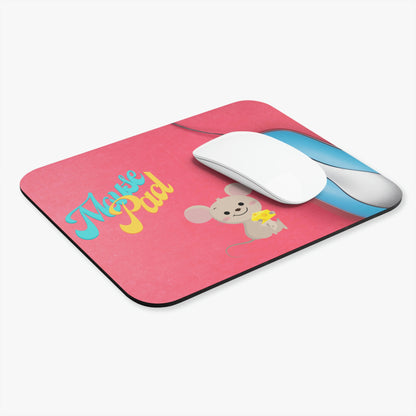 Blue Yellow Pink Mouse Pad with a Cute Real Mouse Beside a Blue and Silver Computer Mouse by MII (Rectangle Shape)
