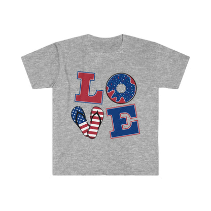 LOVE spelled in red, white and blue patterns on the letters patriotic - Unisex Softstyle T-Shirt