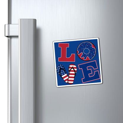 Blue - LOVE spelled in red, white and blue patterns on the letters patriotic - Magnets
