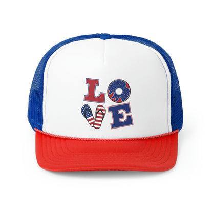 LOVE spelled in red, white and blue patterns on the letters patriotic - Trucker Caps