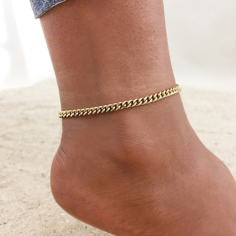 Singles or Sets: Gold Color Stainless Steel Chain Anklets for Women, Leg Ankle Beach Foot Jewelry