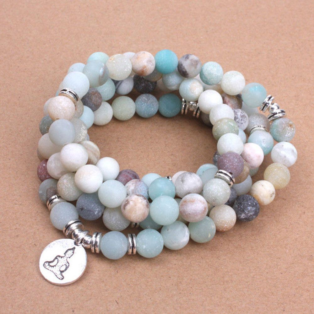 Womens Matte Frosted Amazonite Beads Necklace or Bracelet with Charms 108 Mala Necklace Jewelry Gifts