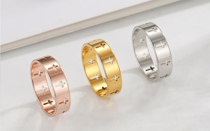 Laser Cut Stainless Steel Cross Couple Rings in Silver, Gold, Rose Gold or Black Women Men Ring Fashion Jewelry