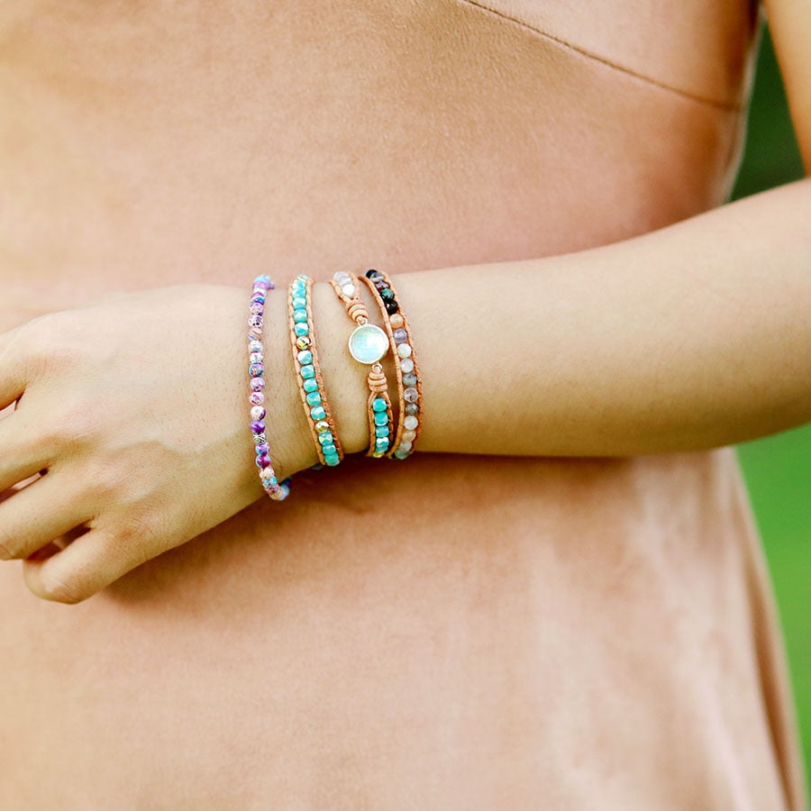 boho natural opal stone + ocean colored rhinestones 3 row leather wrap bracelet
