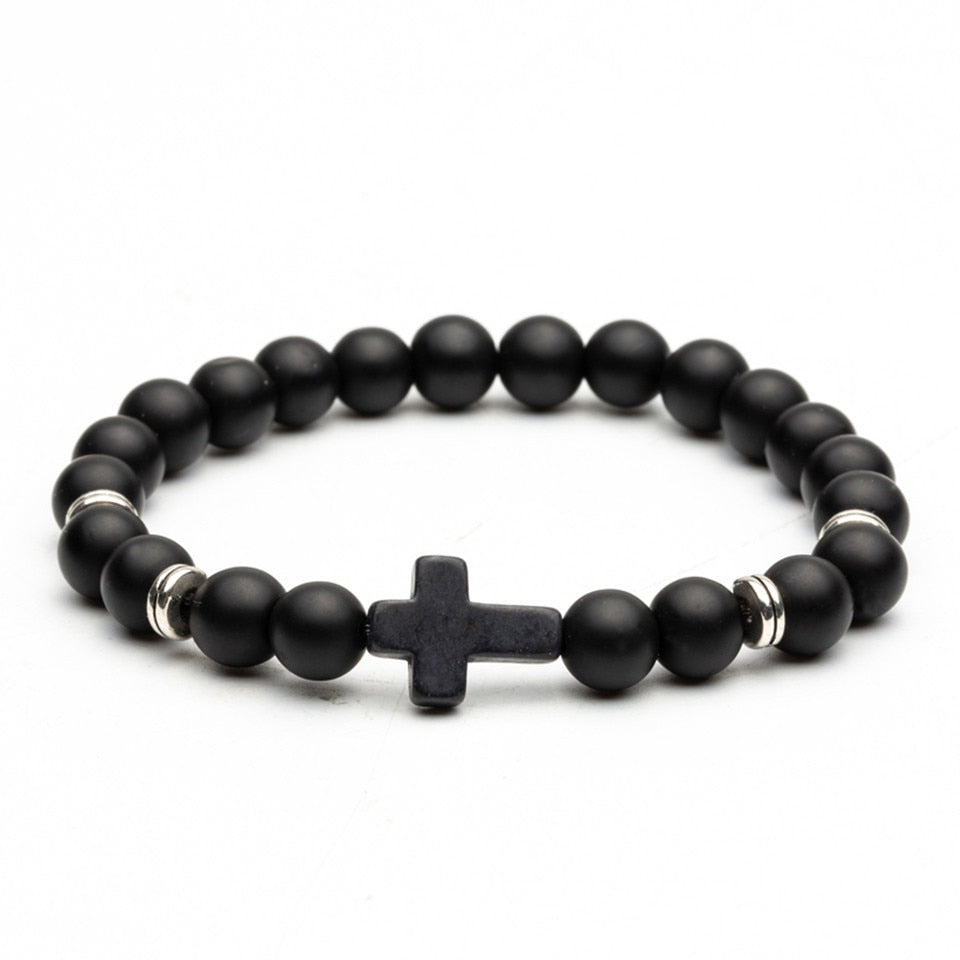Charm Natural Lava Rocks Stone Beads Bracelet 8mm Cross Beaded Bracelets Handmade Men Women Prayer Fitness Chain Jewelry
