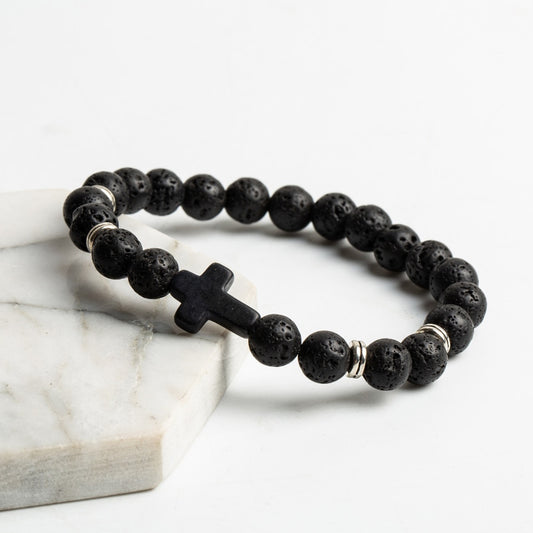 Charm Natural Lava Rocks Stone Beads Bracelet 8mm Cross Beaded Bracelets Handmade Men Women Prayer Fitness Chain Jewelry