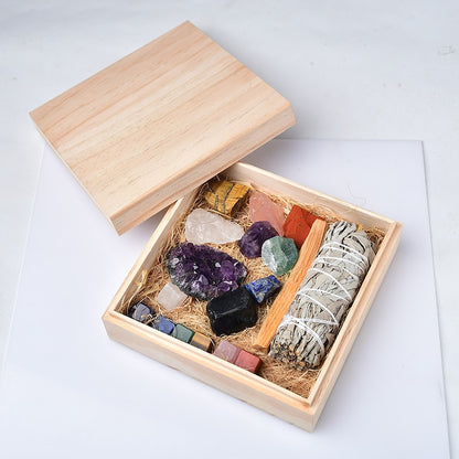 Seven Chakras Crystal, Natural Stones and Incense Reiki Healing Kit in Wooden Box