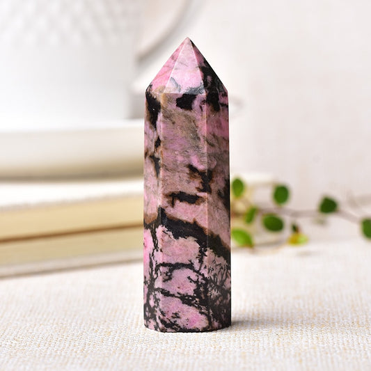 Natural Quartz Point Rhodonite Healing Obelisk Pink and Black Stone Wand Rhodochrosite (1Pc)