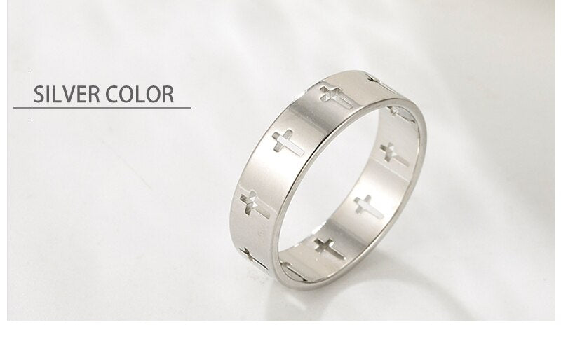 Laser Cut Stainless Steel Cross Couple Rings in Silver, Gold, Rose Gold or Black Women Men Ring Fashion Jewelry