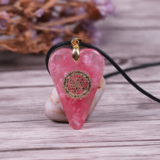 Rose Quartz Orgonite Heart Shaped Pendant Necklace Healing Crystals with Energy Patch