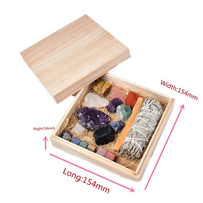 Seven Chakras Crystal, Natural Stones and Incense Reiki Healing Kit in Wooden Box