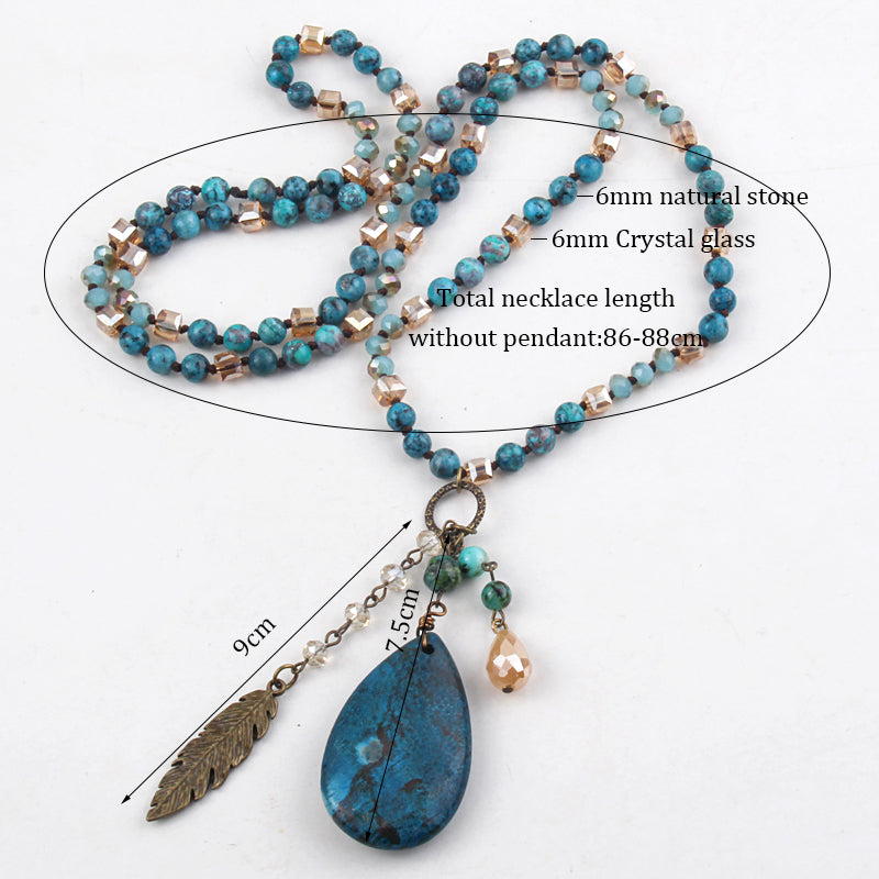 Women's Boho Knotted Pendant Necklace 6mm Multi Glass/Stones with Feather Charm