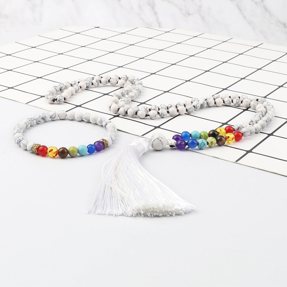 108 Japamala 7 Chakra Beads Necklace Set Fashion 6mm Howlite Stone Bracelets Handmade Knotted Necklaces Yoga Meditation Jewelry