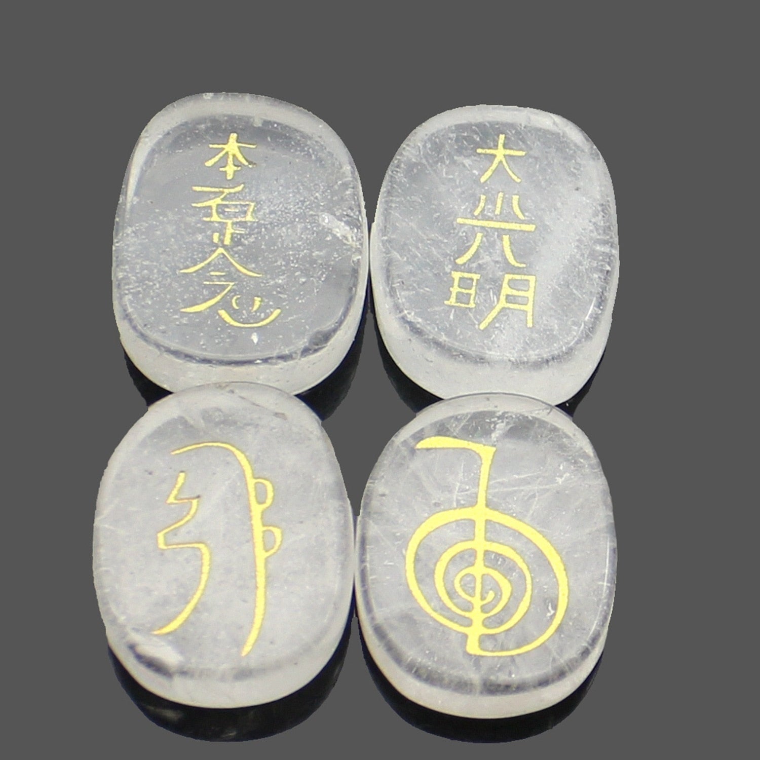 four reiki symbol engraved stones chokurei seihiki honshazeshonen daikomyo  (power, emotion, distance, higher level or master) white crystal