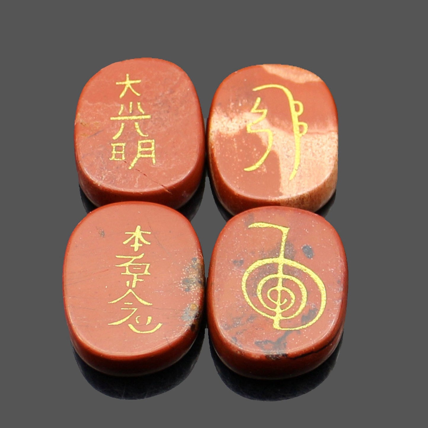 four reiki symbol engraved stones chokurei seihiki honshazeshonen daikomyo  (power, emotion, distance, higher level or master) redstone