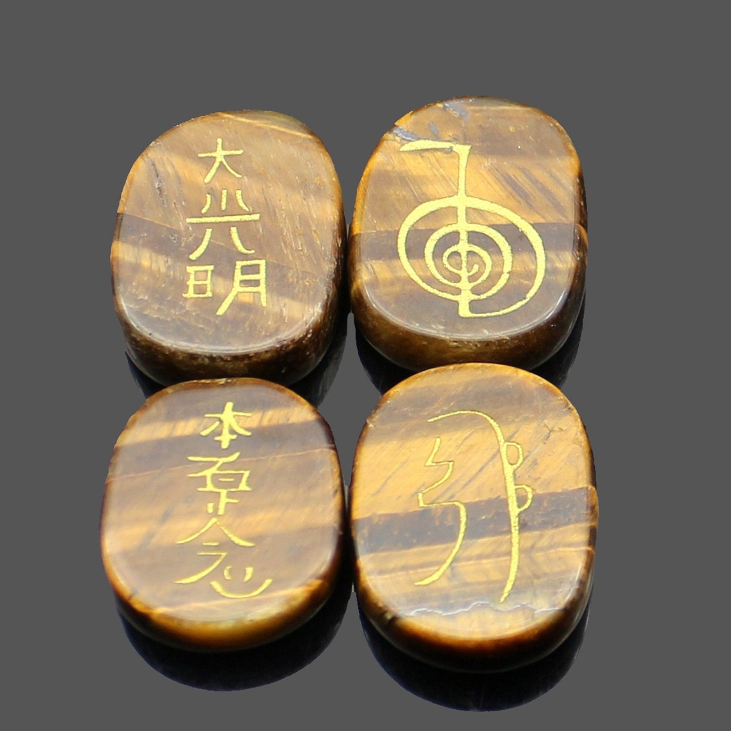 four reiki symbol engraved stones chokurei seihiki honshazeshonen daikomyo  (power, emotion, distance, higher level or master) tiger eye