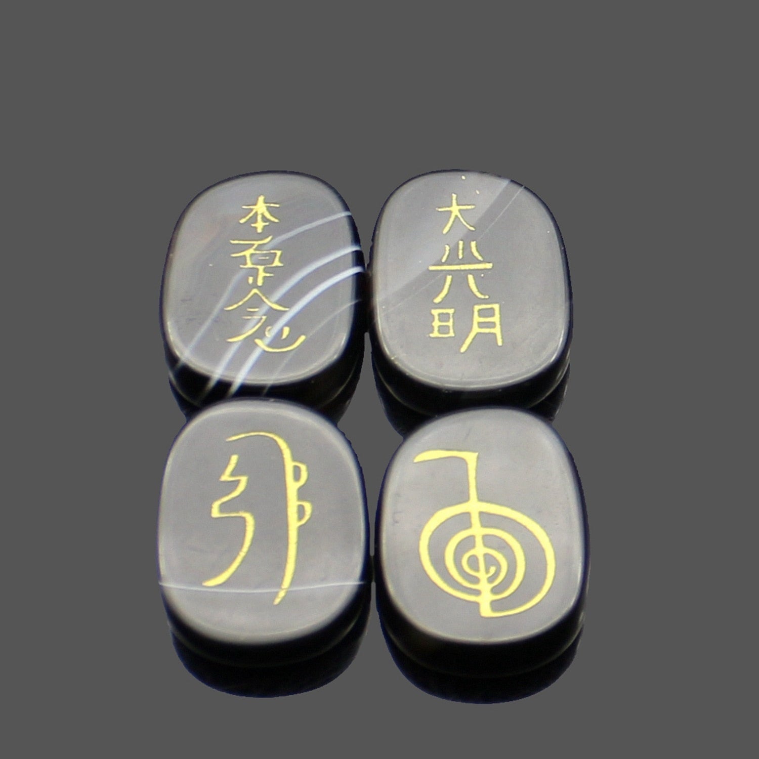four reiki symbol engraved stones chokurei seihiki honshazeshonen daikomyo  (power, emotion, distance, higher level or master) black onyx