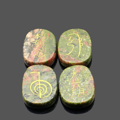 four reiki symbol engraved stones chokurei seihiki honshazeshonen daikomyo  (power, emotion, distance, higher level or master) flower green stone