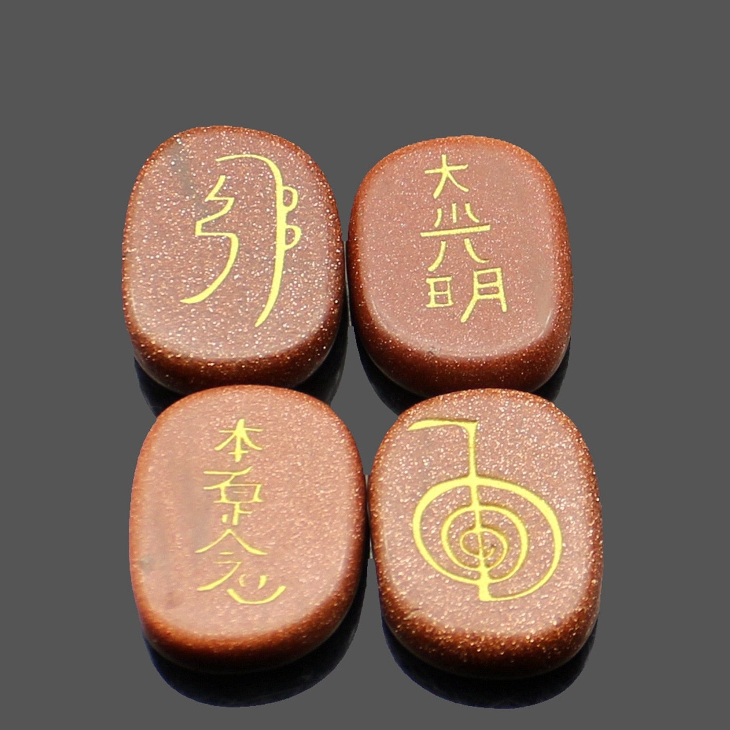 four reiki symbol engraved stones chokurei seihiki honshazeshonen daikomyo  (power, emotion, distance, higher level or master) gold sand