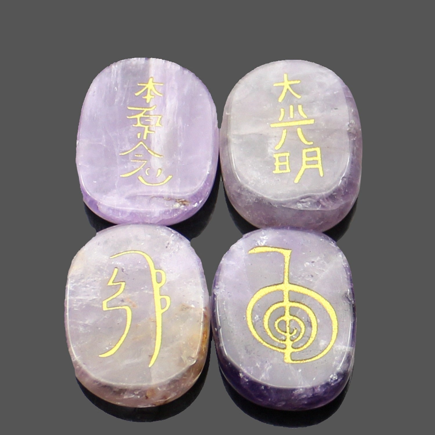 four reiki symbol engraved stones chokurei seihiki honshazeshonen daikomyo  (power, emotion, distance, higher level or master) amethyst