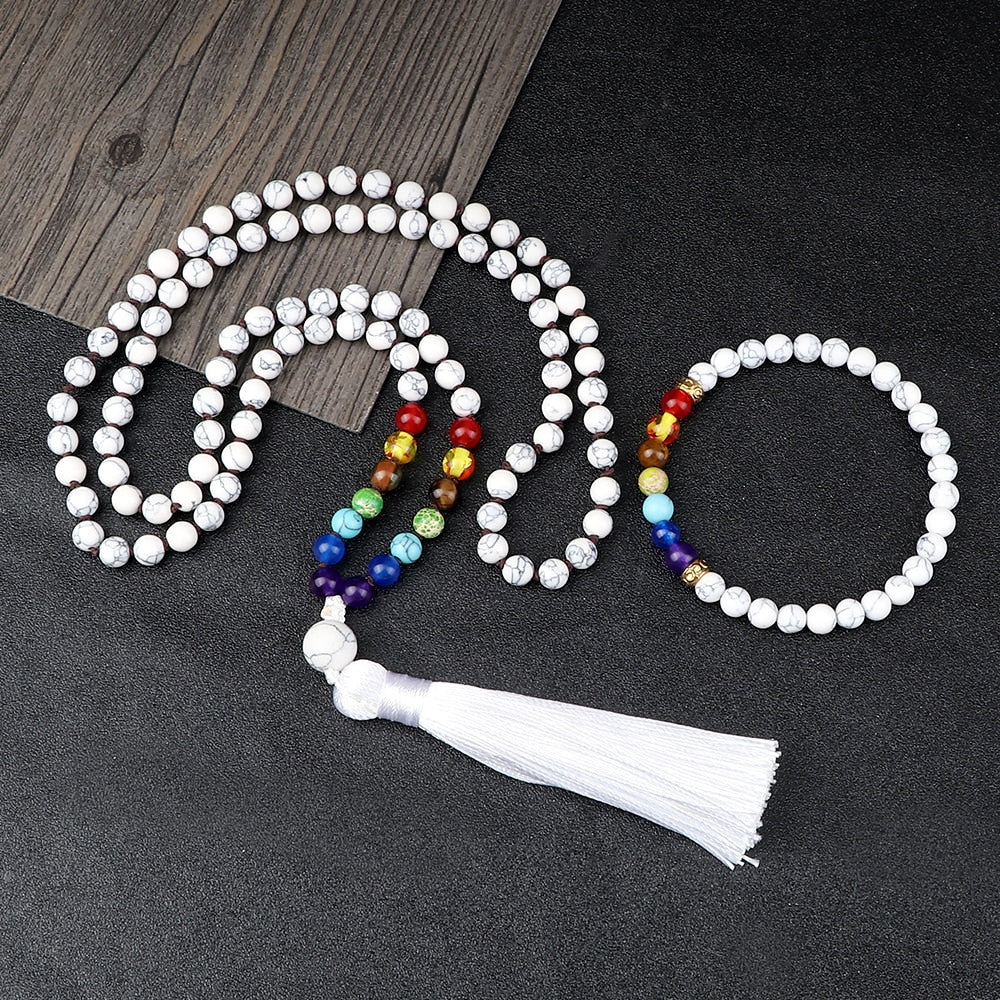 108 Japamala 7 Chakra Beads Necklace Set Fashion 6mm Howlite Stone Bracelets Handmade Knotted Necklaces Yoga Meditation Jewelry