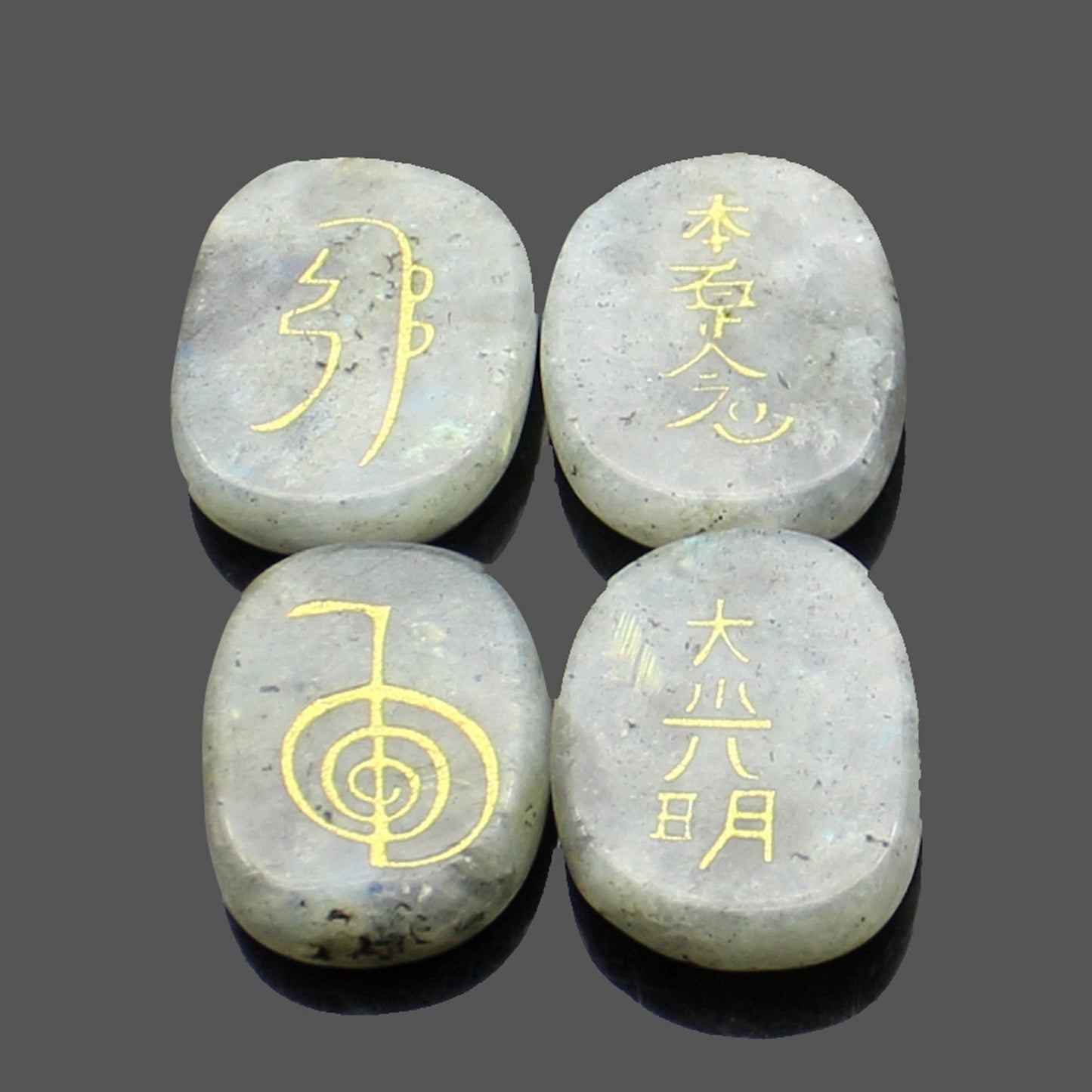 four reiki symbol engraved stones chokurei seihiki honshazeshonen daikomyo  (power, emotion, distance, higher level or master) labradorite