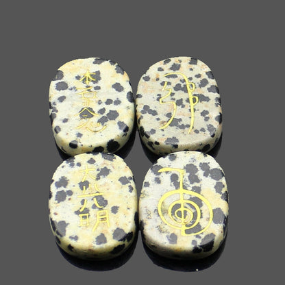 four reiki symbol engraved stones chokurei seihiki honshazeshonen daikomyo  (power, emotion, distance, higher level or master) speckled stone