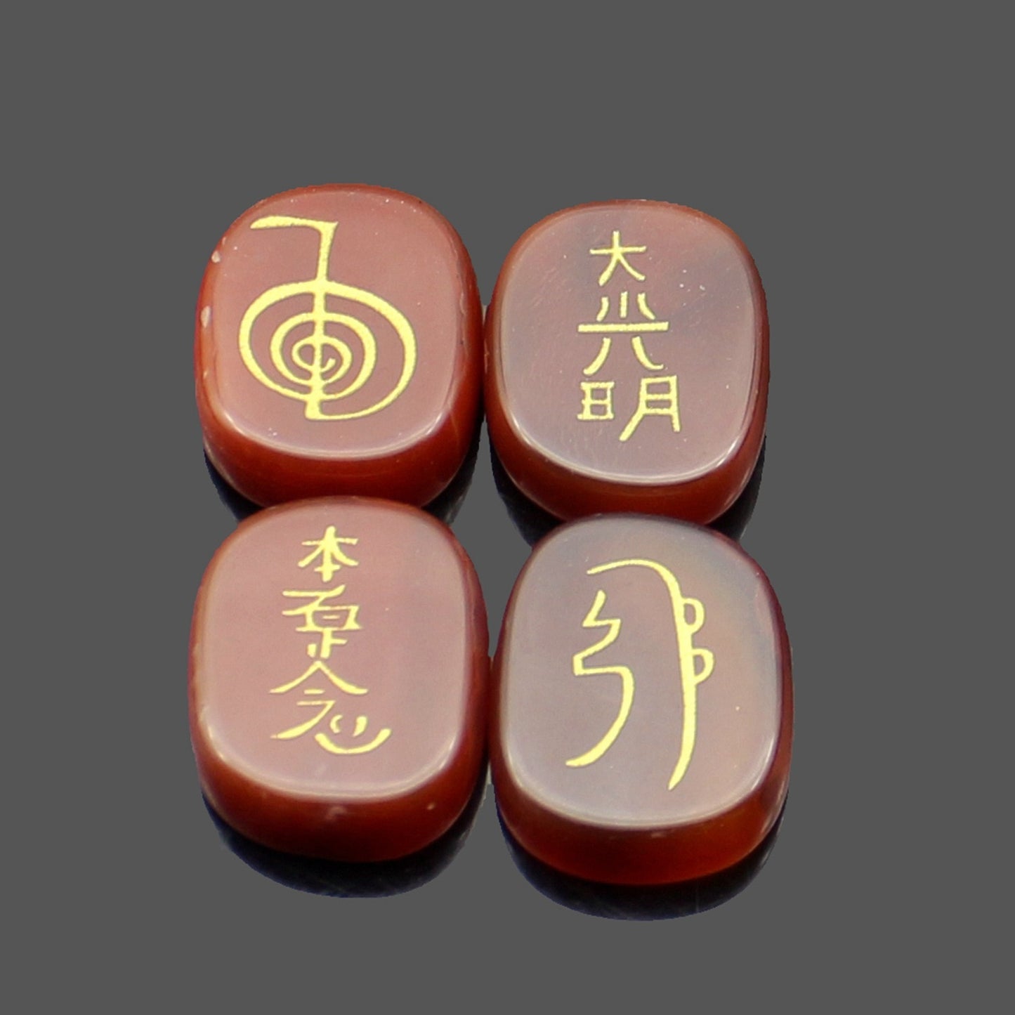 four reiki symbol engraved stones chokurei seihiki honshazeshonen daikomyo  (power, emotion, distance, higher level or master) red agate