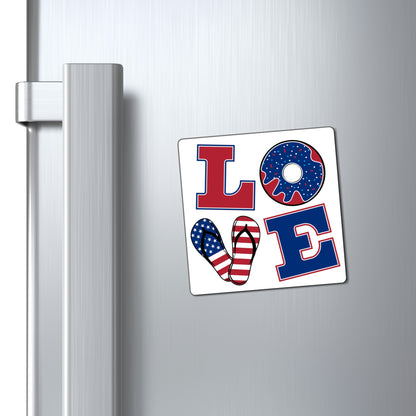 White - LOVE spelled in red, white and blue patterns on the letters patriotic - Magnets
