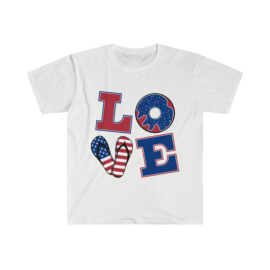LOVE spelled in red, white and blue patterns on the letters patriotic - Unisex Softstyle T-Shirt