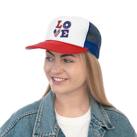 LOVE spelled in red, white and blue patterns on the letters patriotic - Trucker Caps