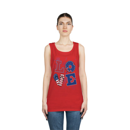 Love in Patriotic Letters with Fireworks Design by MII for Summer Activities Unisex Heavy Cotton Tank Top