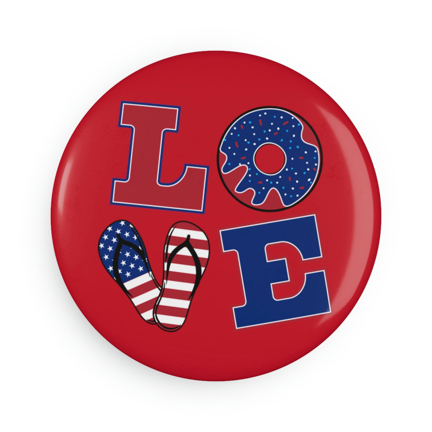 LOVE - Red White Blue Pattern Letters On A Field Of RED Patriotic - Button Magnet, Round (1 Pc)