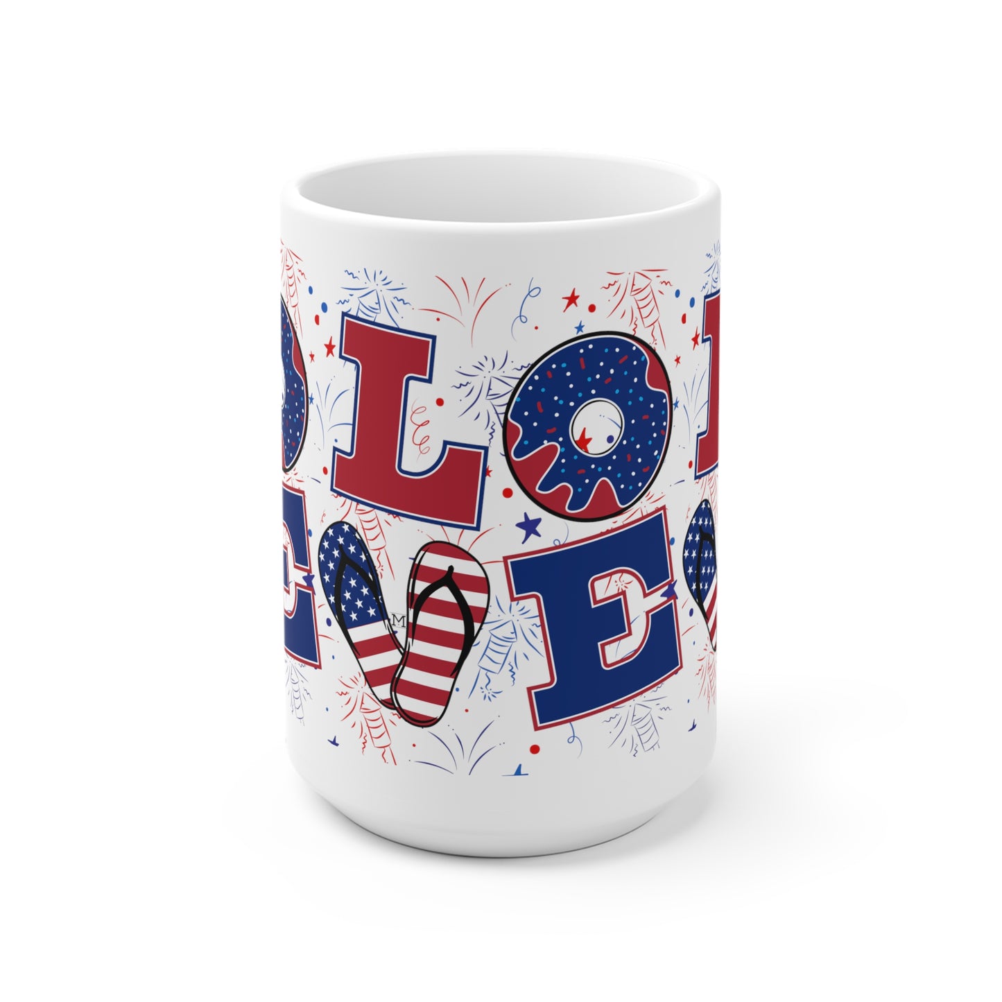Love in red white blue patriotic patterns White Ceramic Mug by MII Designs 11oz OR 15oz