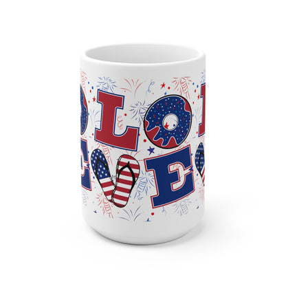 Love in red white blue patriotic patterns White Ceramic Mug by MII Designs 11oz OR 15oz