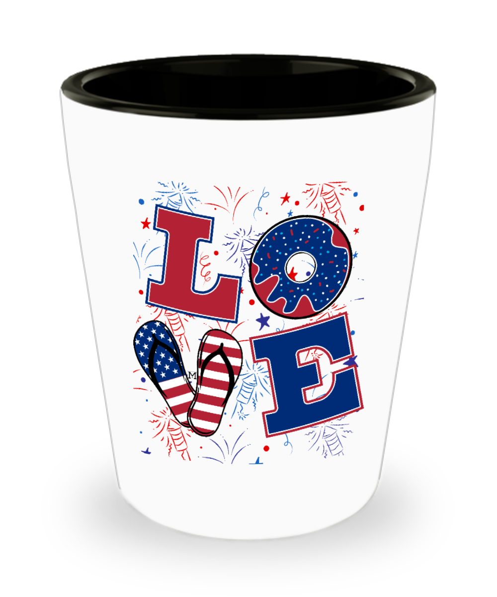 Love in Patriotic Red White and Blue Graphic Letters Shot Glass Design by MII