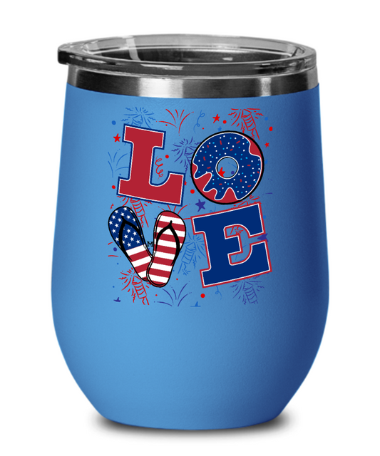 Love in Patriotic Red White and Blue Graphic Letters Wine Glass Design by MII