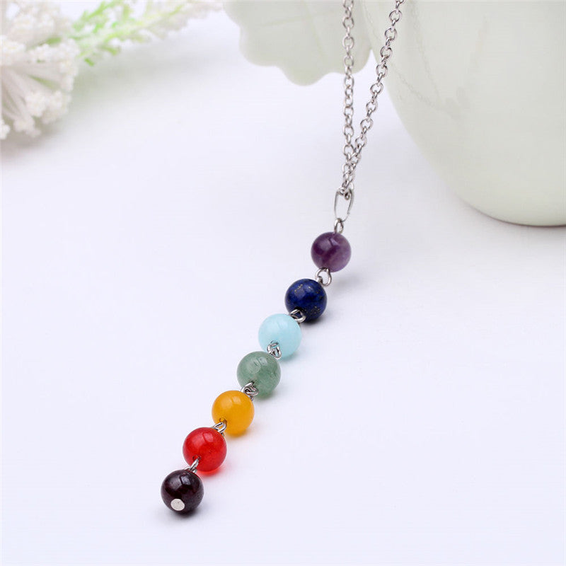 Multicolor 7 Chakra Healing Balance Gem Stone Beads Pendant Necklace - Reiki Spiritual Yoga Healing Balancing Jewelry