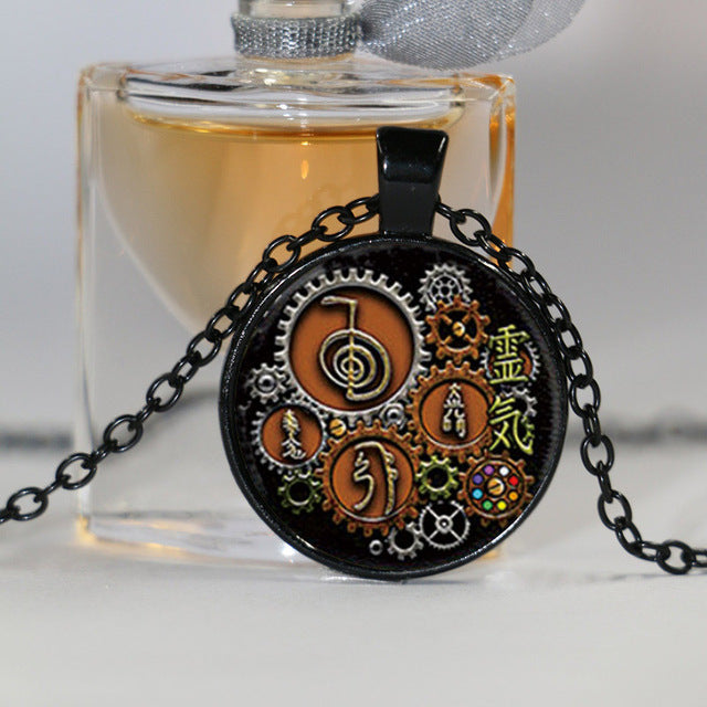 Reiki symbols in Steampunk design Pendant Necklace Glass Photo cabochon necklace